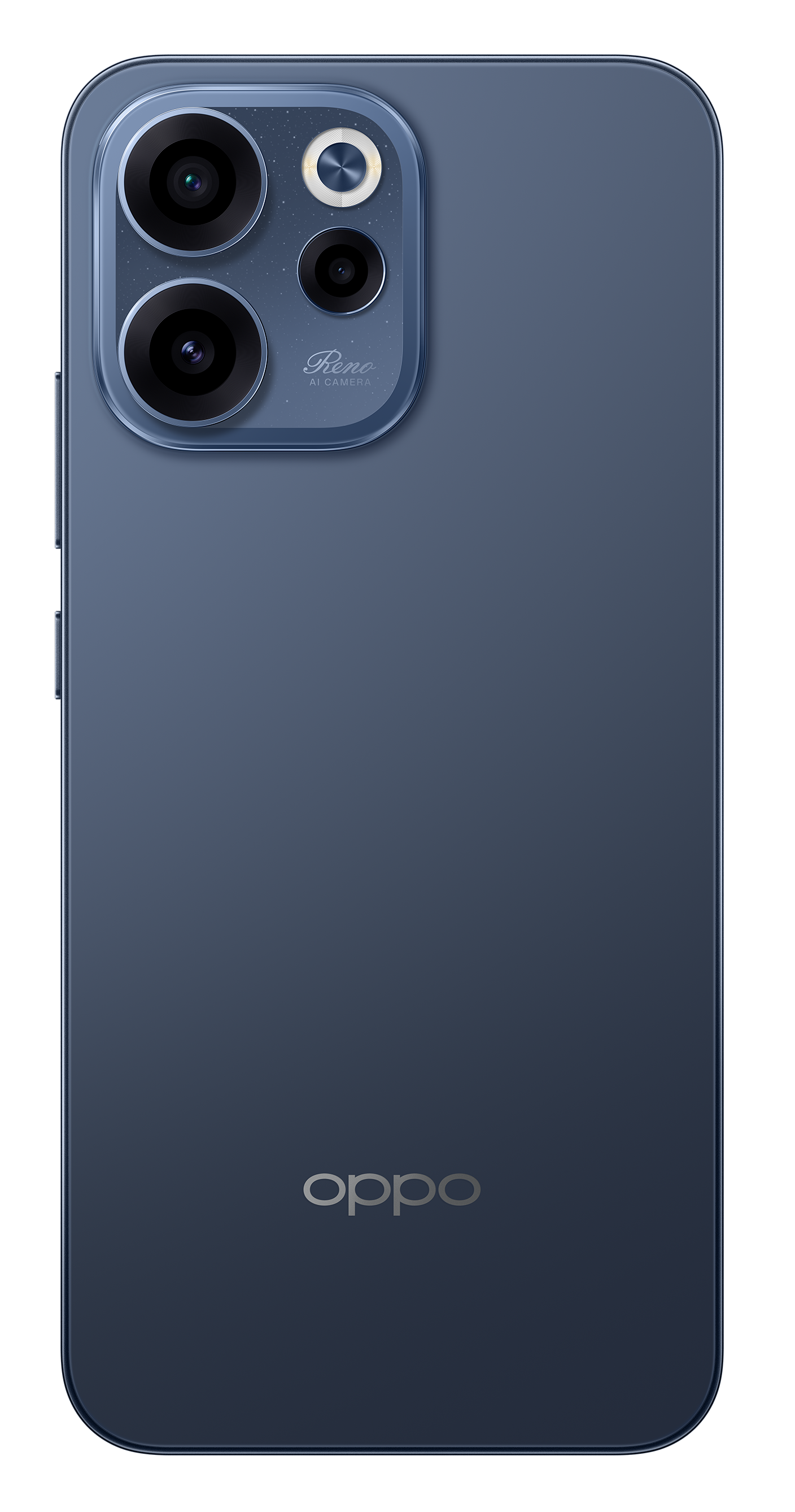 Granatowy smartfon z modułem aparatu i logo OPPO.