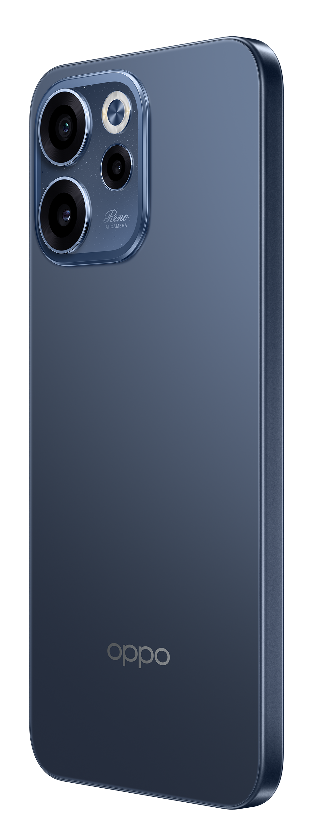 Ciemnoniebieski smartfon Oppo z trzema aparatami i lampą błyskową z tyłu.