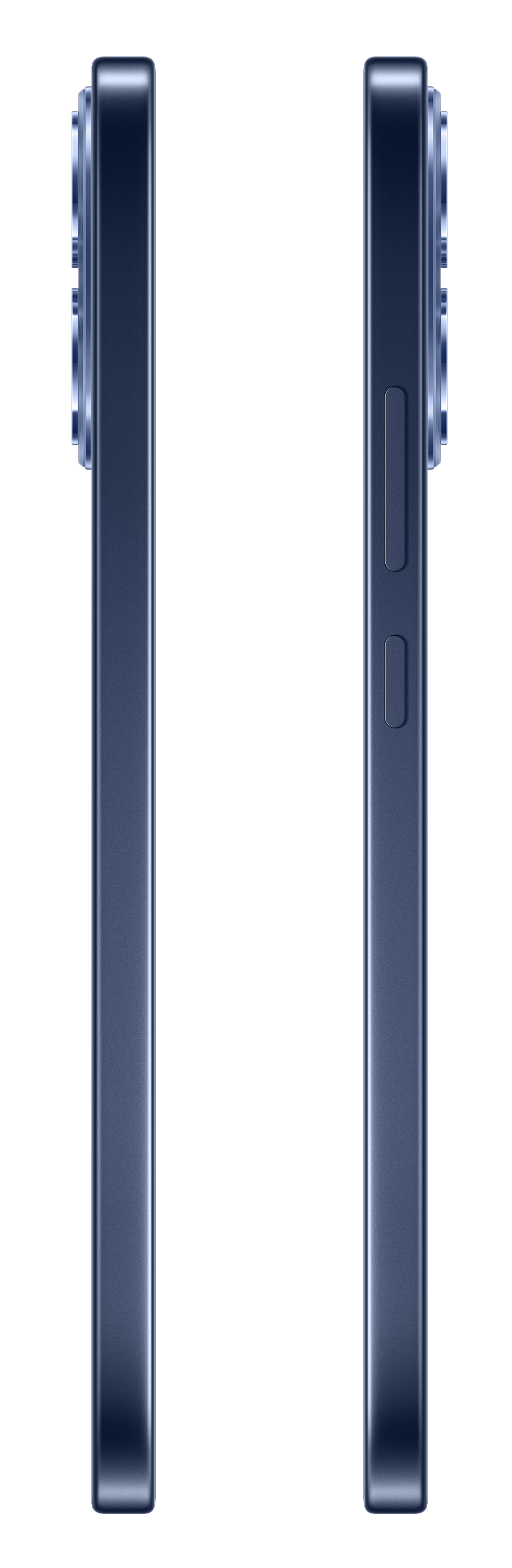 Dwa ciemnoniebieskie smartfony w profilu, jeden z aparatami, drugi z przyciskami.