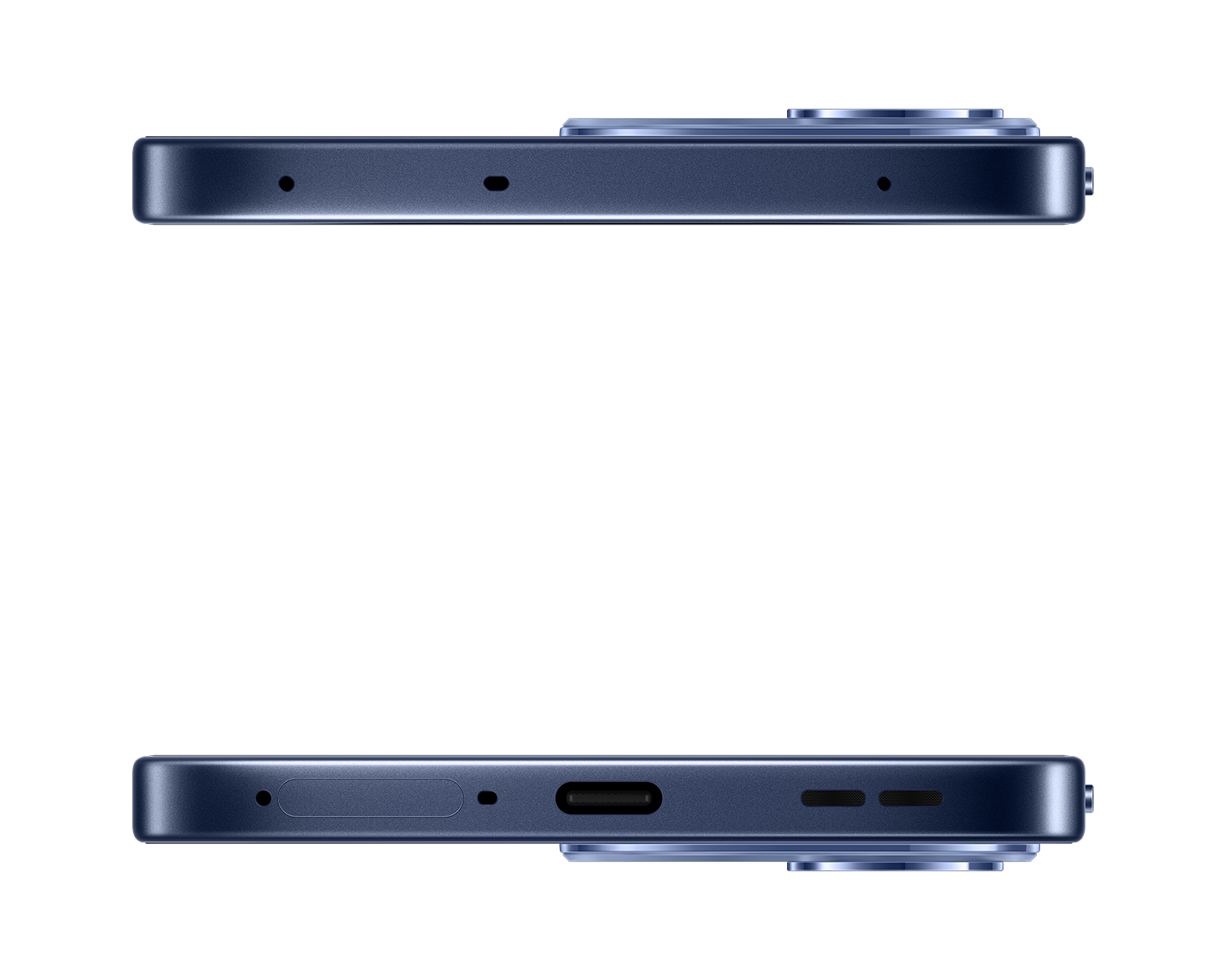 Widok z góry i z dołu niebieskiego smartfona na czarnym tle.