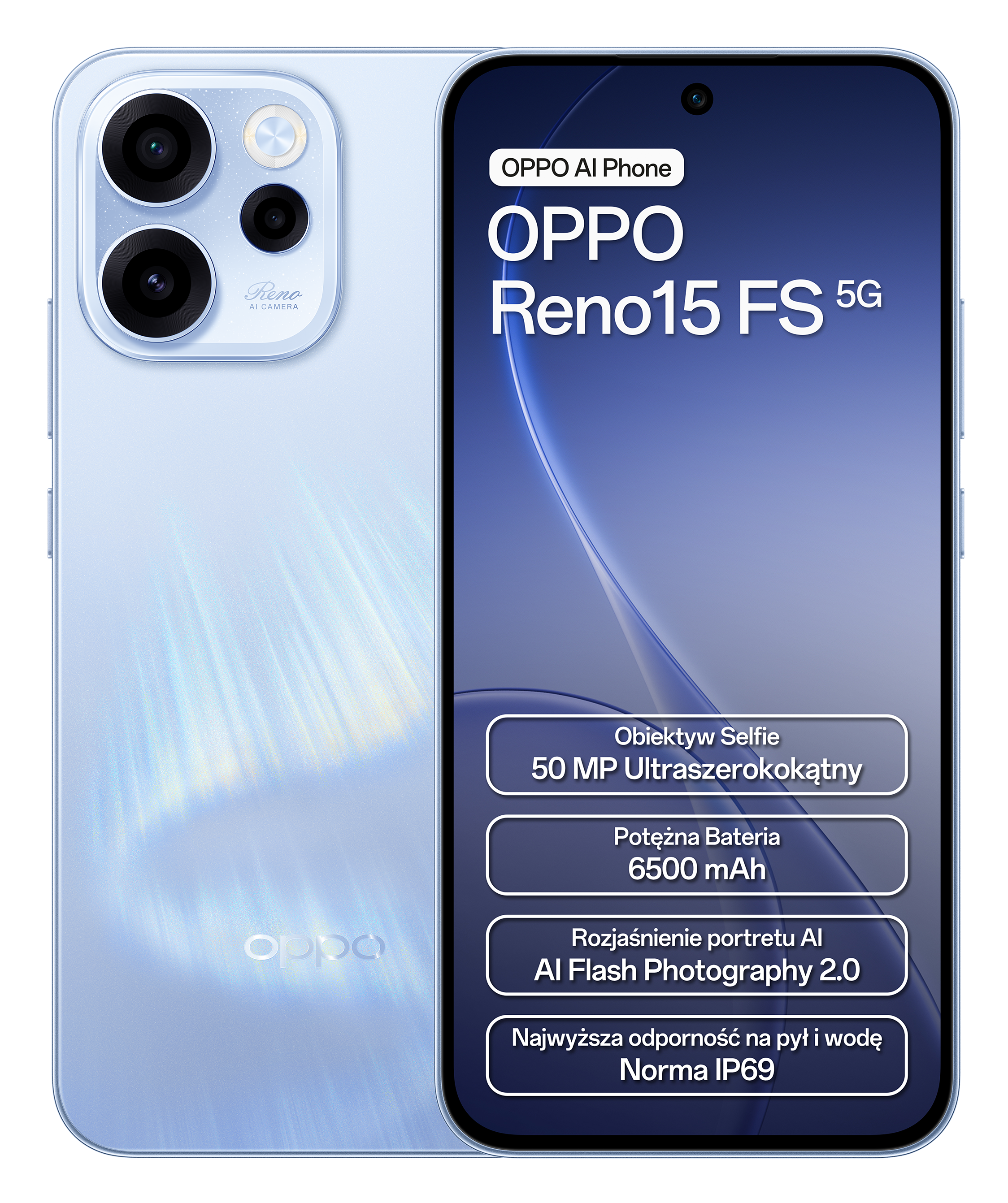 Jasnoniebieski smartfon OPPO Reno15 FS 5G z potrójnym aparatem z tyłu.
