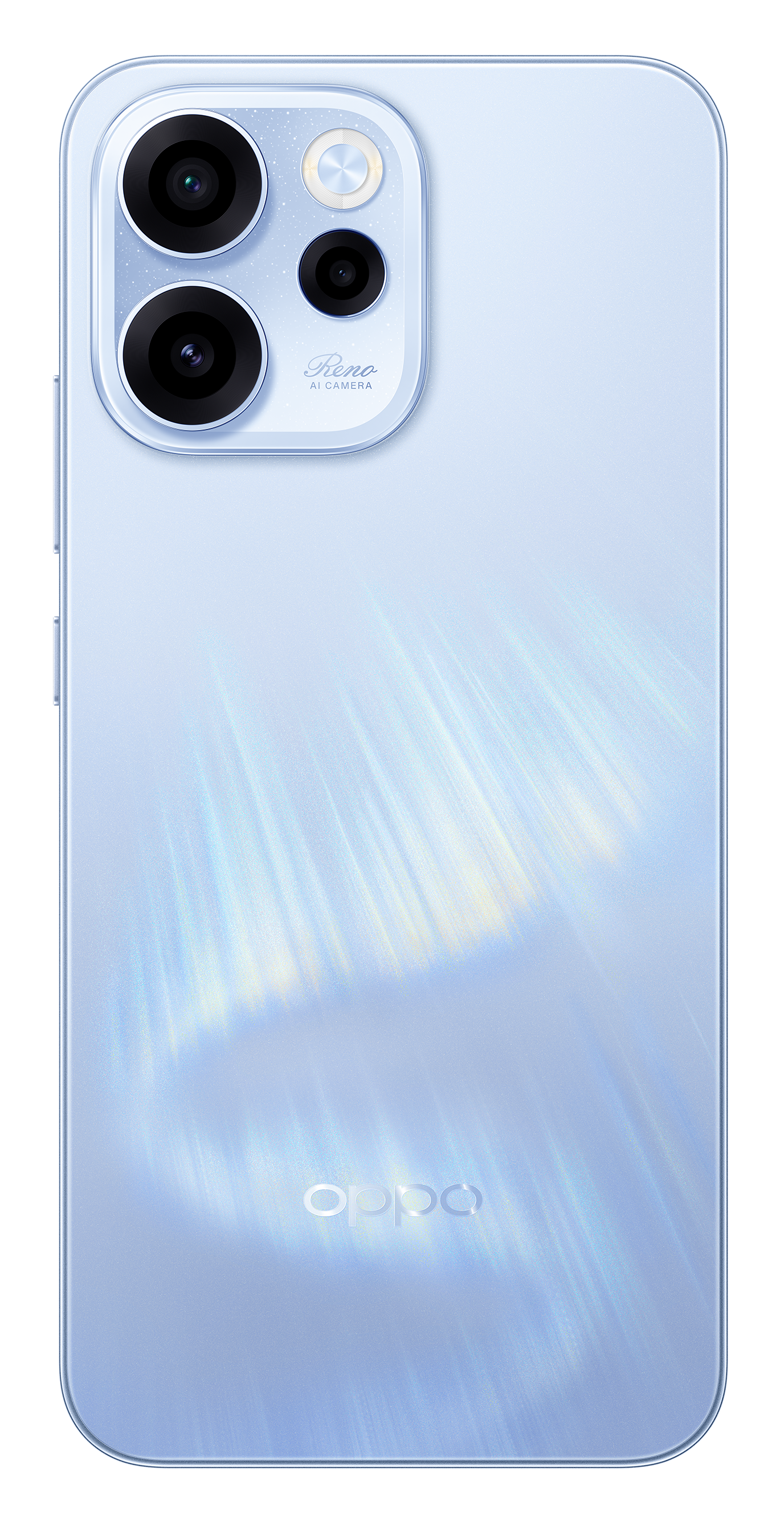 Tył jasnoniebieskiego smartfona z modułem kamery i logo OPPO.