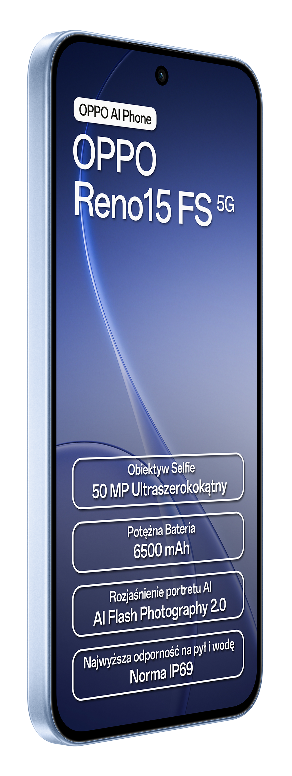 Telefon OPPO Reno15 FS 5G z ultraszerokokątnym aparatem selfie 50 MP i baterią 6500 mAh.