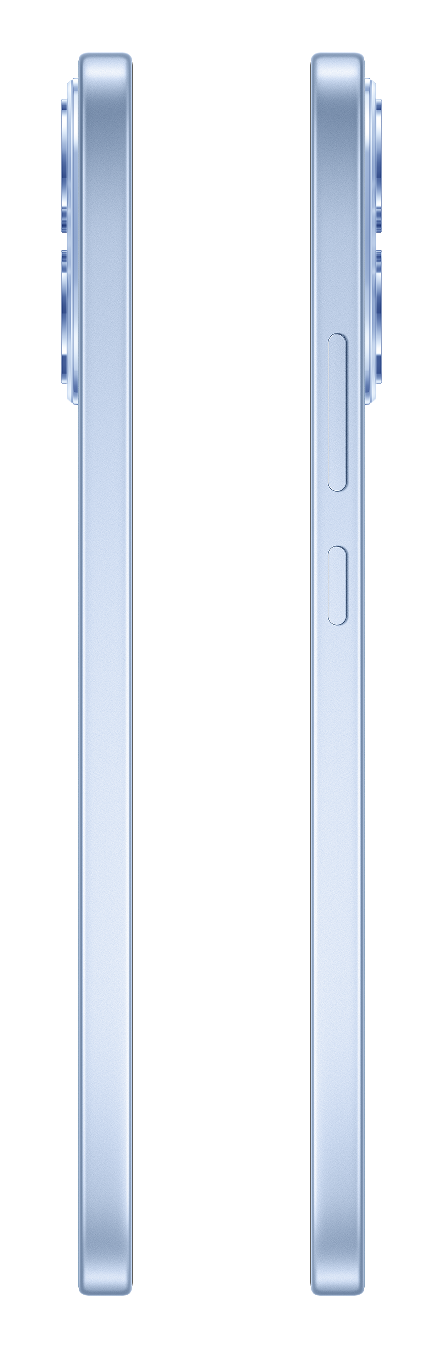 Dwa widoki jasnoniebieskiego smartfona z aparatami po prawej stronie.