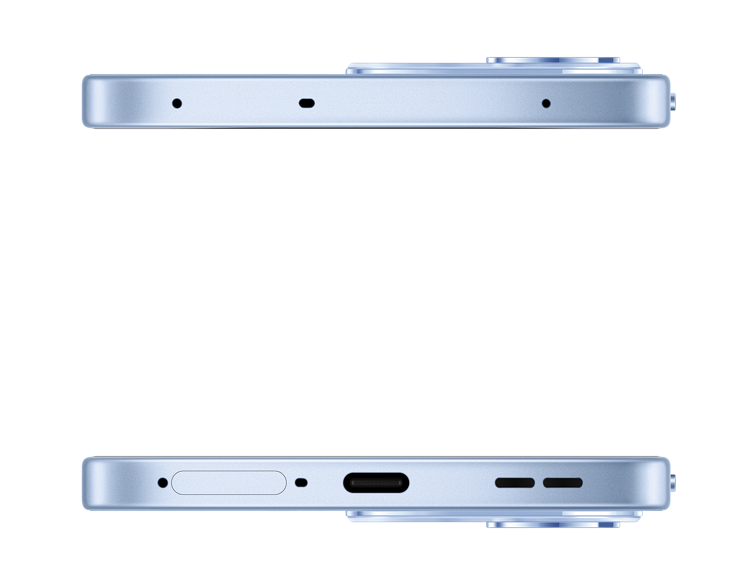 Jasnoniebieski smartfon z aparatem i portem ładowania na czarnym tle.