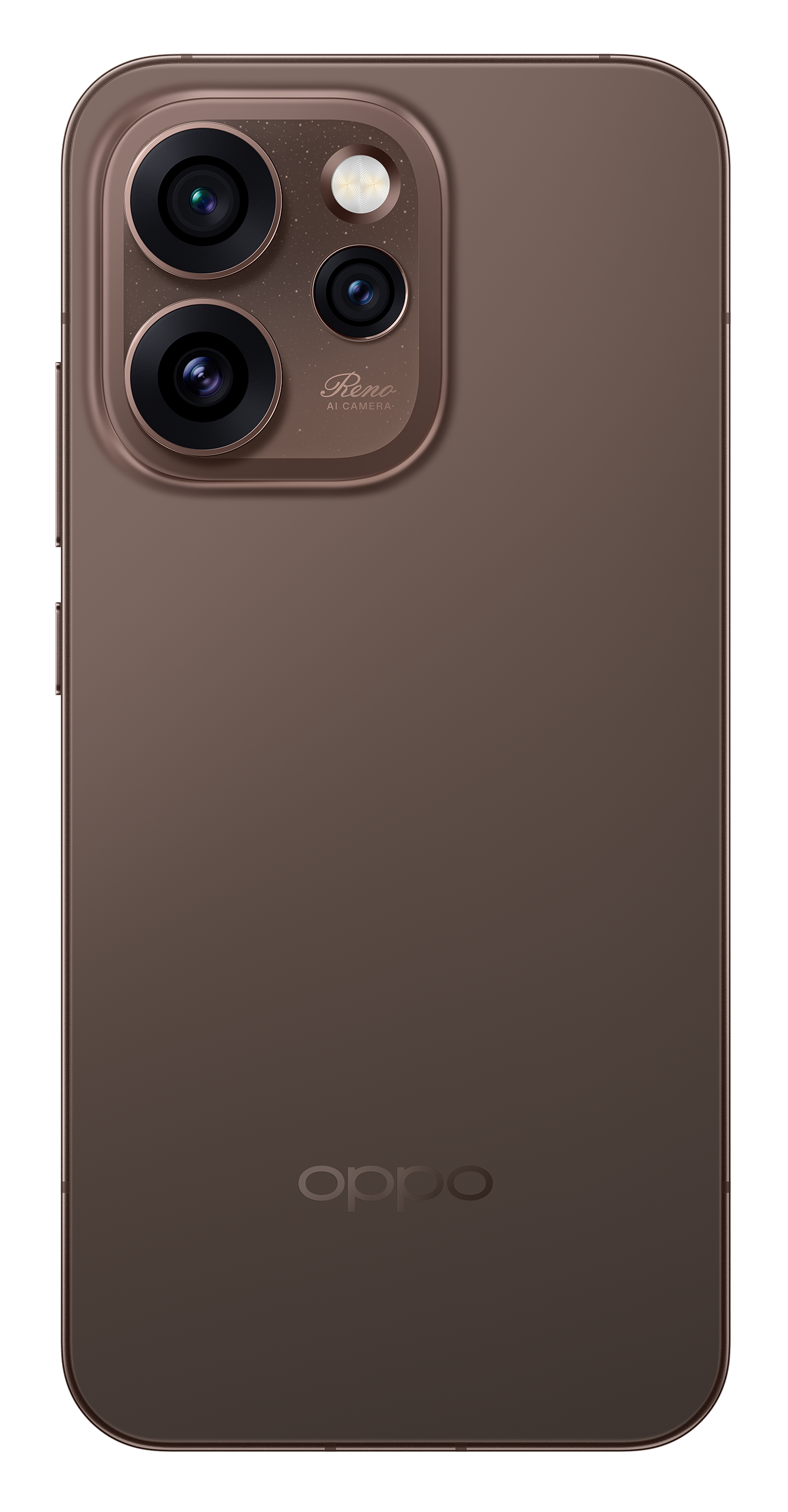 Tył brązowego smartfona OPPO Reno z aparatem AI.