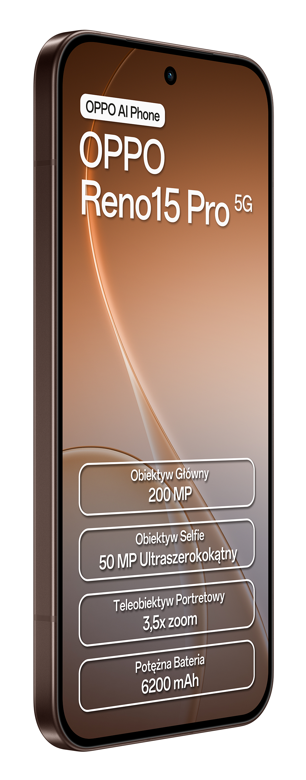 Brązowy OPPO Reno15 Pro 5G ze szczegółami aparatu: 200MP główny, 50MP ultraszerokokątny, zoom 3,5x, bateria 6200mAh.
