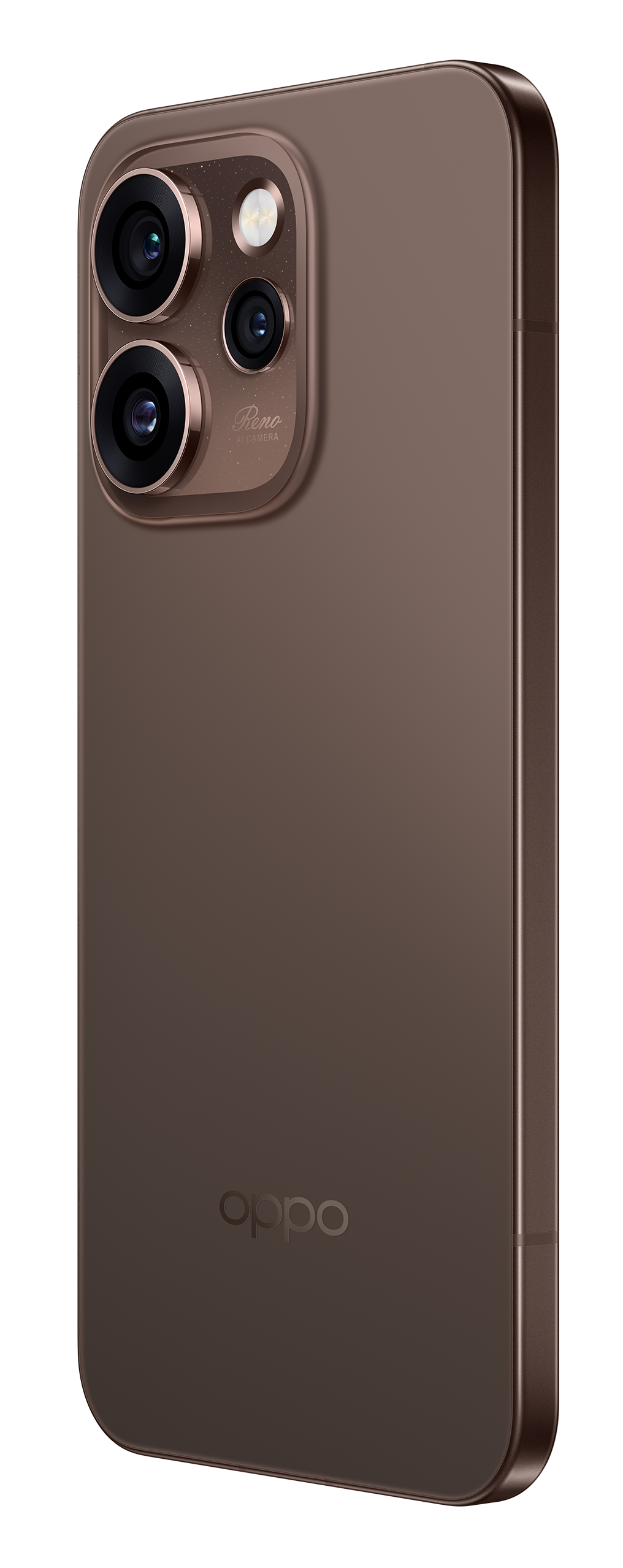 Brązowy smartfon z modułem aparatu i logo OPPO.