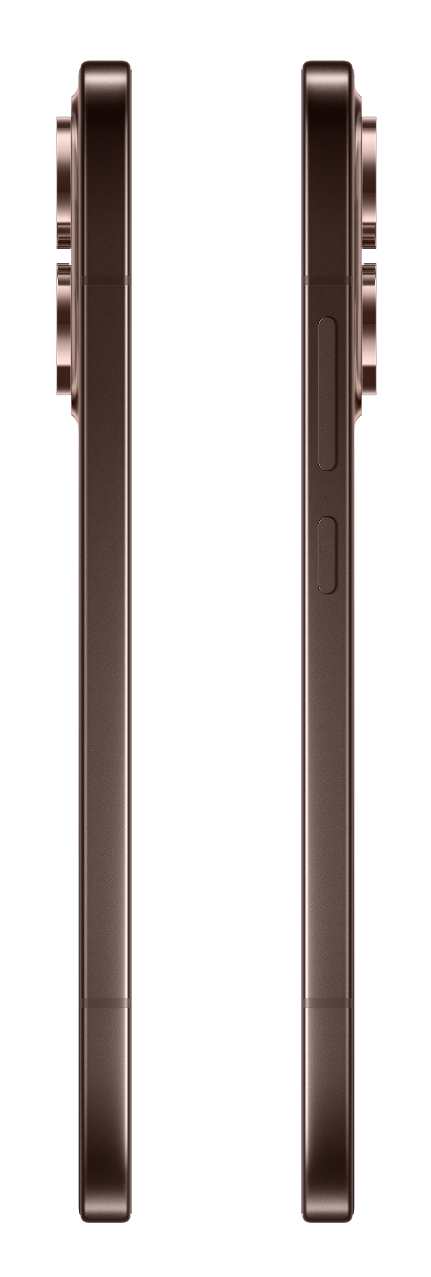 Dwa brązowe smartfony obok siebie, widok z profilu. Czarny.