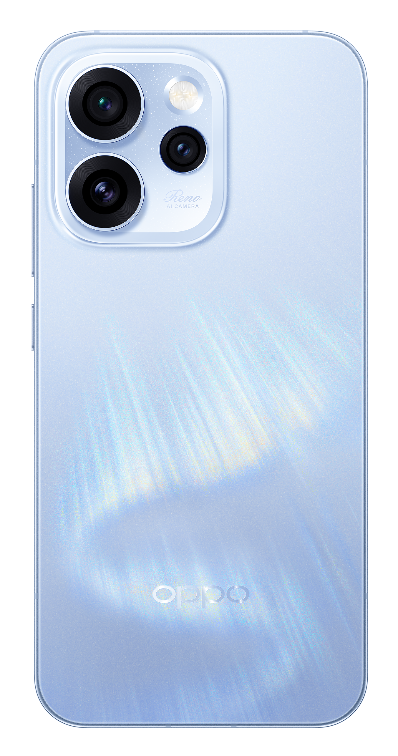 Tył jasnoniebieskiego smartfona z trzema aparatami i logo OPPO.