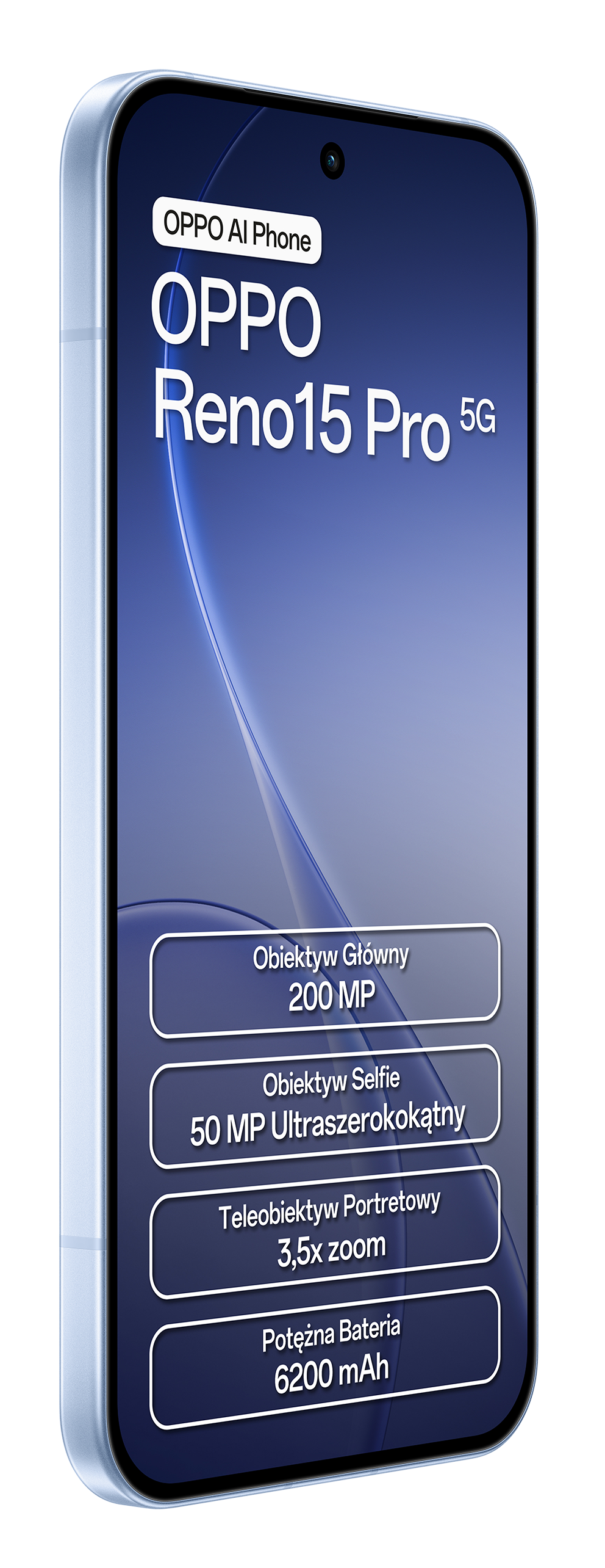 Jasnoniebieski smartfon OPPO Reno15 Pro 5G prezentujący specyfikacje.