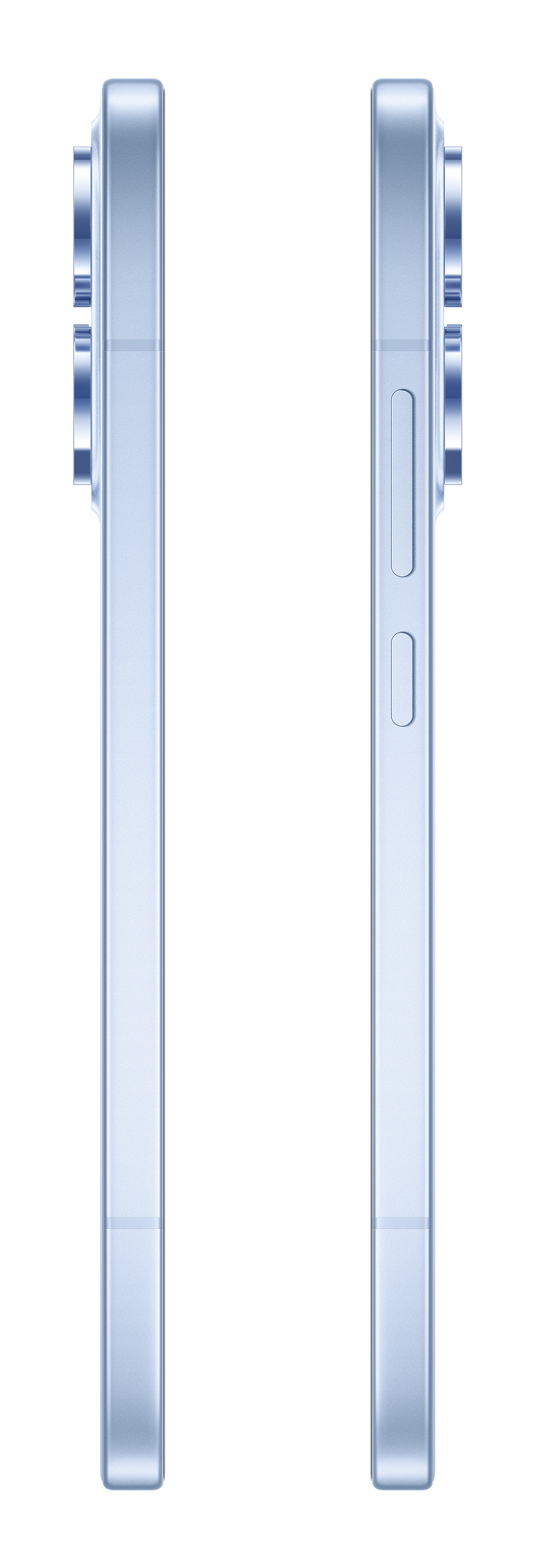 Dwa widoki jasnoniebieskiego smartfona na czarnym tle.