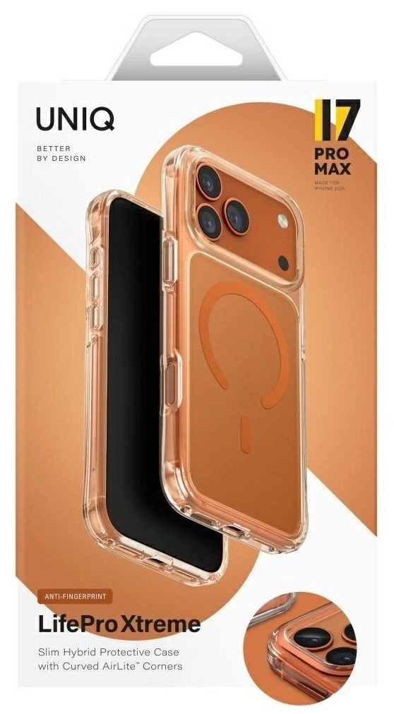 Przezroczyste etui na iPhone 17 Pro Max z pomarańczowym tłem.