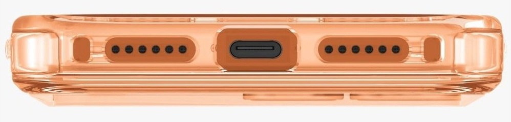 Spód przezroczystego, pomarańczowego etui na telefon z portem USB-C i otworami głośnikowymi.