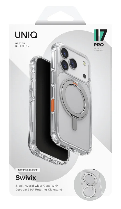 Przezroczyste etui na iPhone z obrotowym stojakiem i logo UNIQ.