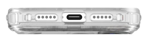 Zbliżenie przezroczystego etui na telefon z portem ładowania i otworami.