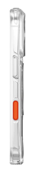 Przezroczyste etui na telefon z pomarańczowym przyciskiem z boku.