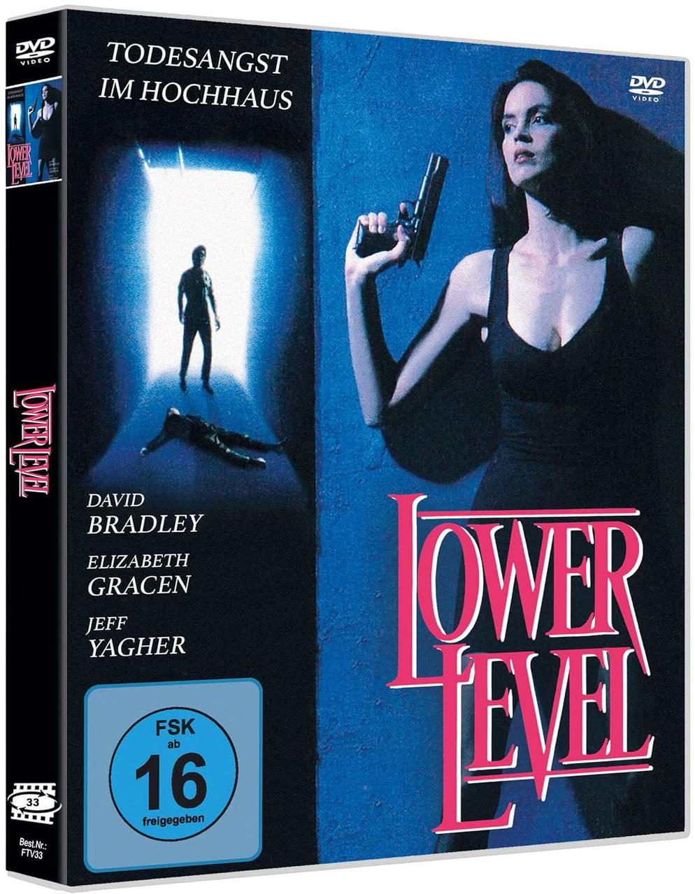 DVD-Hülle mit Frau mit Waffe und Titel 'Todesangst im Hochhaus'.