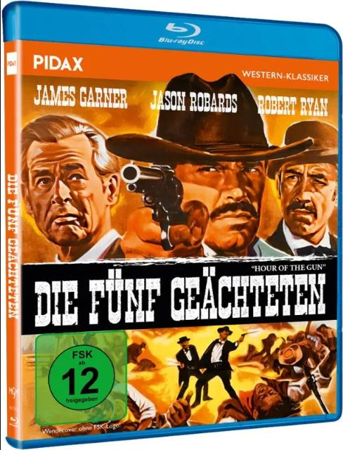 Blu-ray-Cover von "Die Fünf Geächteten". Drei Männer im Western-Look mit Revolvern.