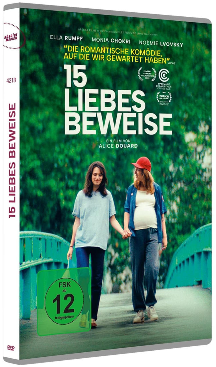 Zwei Frauen gehen Hand in Hand auf einer Brücke. "15 Liebesbeweise" DVD Cover.