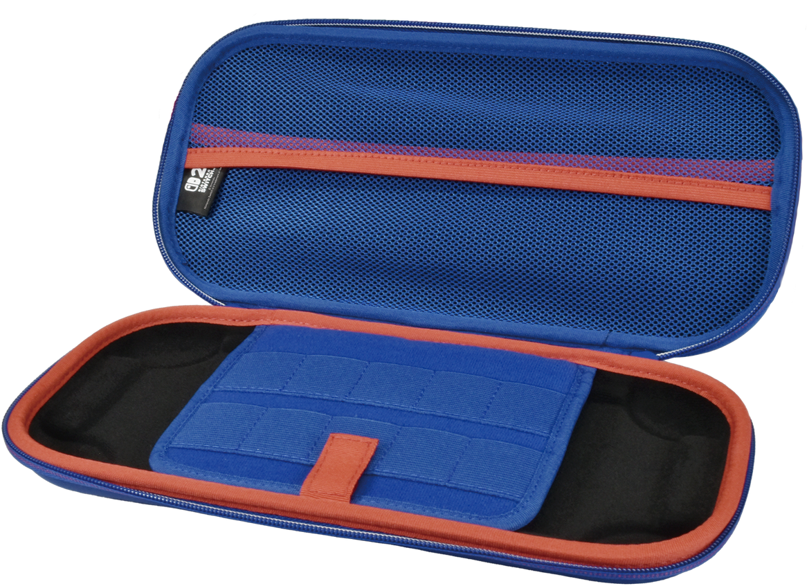 Étui bleu ouvert pour Nintendo Switch avec fermeture éclair orange et poche en filet.