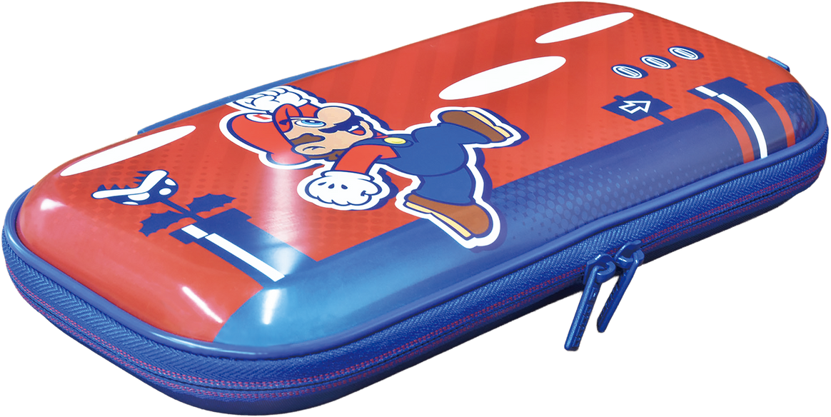 Étui zippé rouge sur le thème de Mario avec des graphismes de jeu.