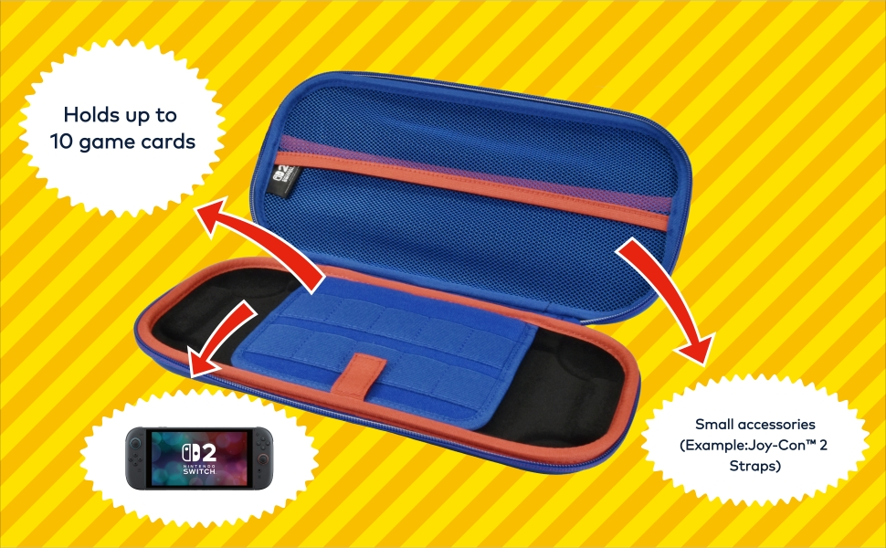 Une housse bleue avec bordure rouge, pour ranger jeux et accessoires Nintendo Switch.