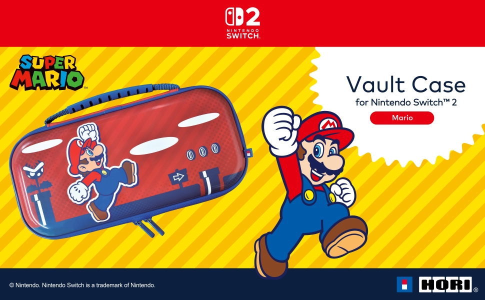 Étui Vault Mario pour Nintendo Switch avec graphique Mario. Fond rayé jaune.