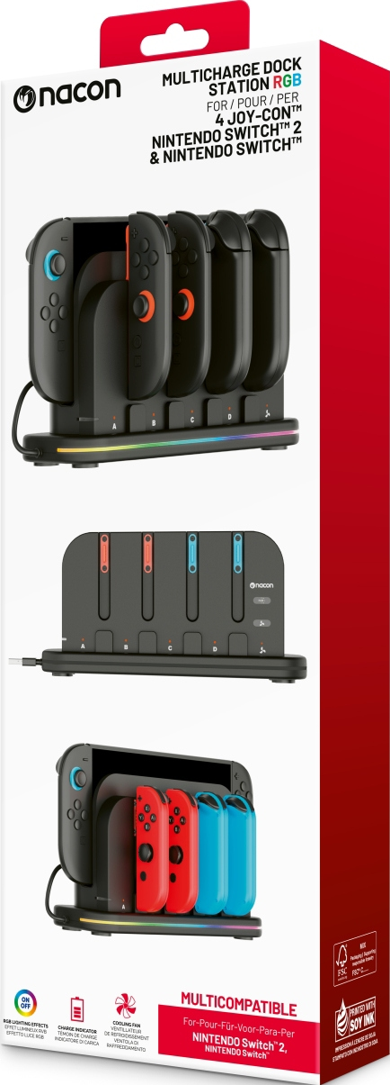 Nacon Ladestation für 4 Joy-Cons mit RGB-Beleuchtung und Nintendo Switch.