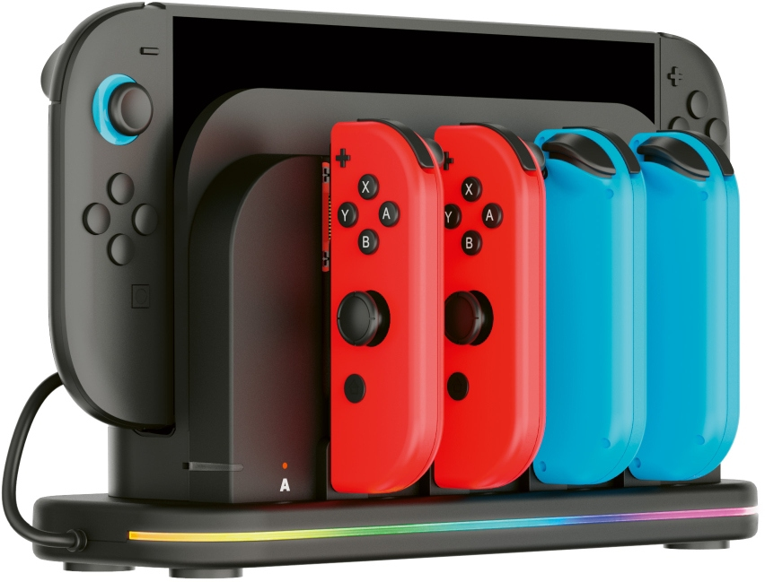 Schwarzer Ladeständer für Nintendo Switch mit Controller-Halterung und Regenbogenlicht.