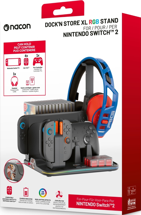 Nacon Dock'n Store XL RGB-Ständer mit Nintendo Switch, Controllern, Headset und Spielen.