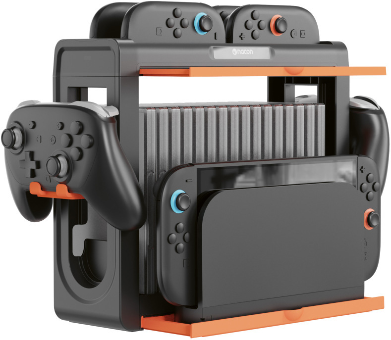 Schwarzer Gaming-Ständer mit Nintendo Switch, Controllern und Spielen.