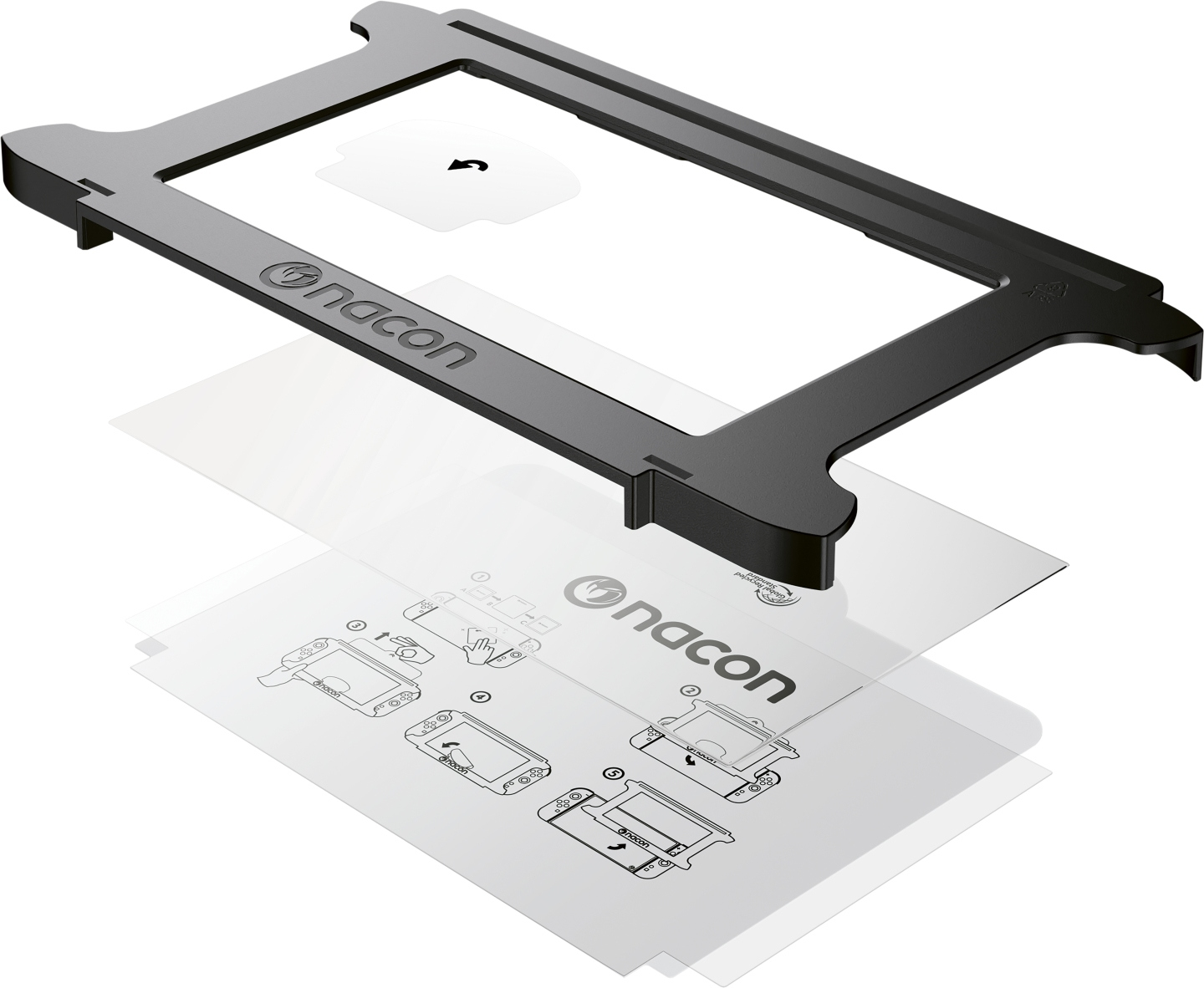 Cadre noir Nacon sur feuilles d'instructions transparentes avec dessins techniques.