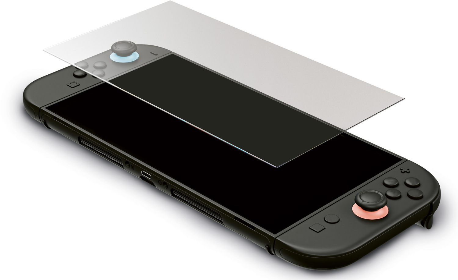 Un appareil de jeu portable noir avec un protecteur d'écran transparent posé dessus.