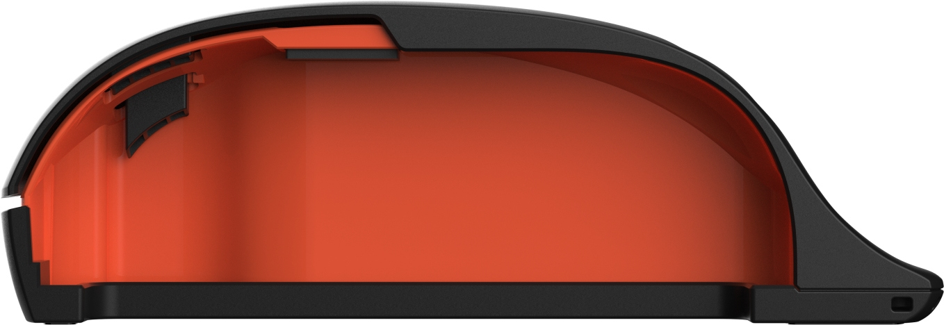 Schnittansicht einer Computermaus mit schwarzem Gehäuse und orangefarbenem Innenleben.