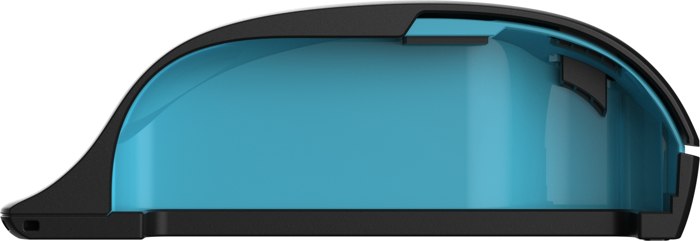 Schnittansicht einer schwarzen Maus mit blauem Innenteil und sichtbaren Komponenten.