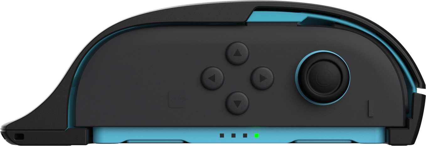 Schwarzer Controller mit blauen Akzenten, Joystick und Tasten.