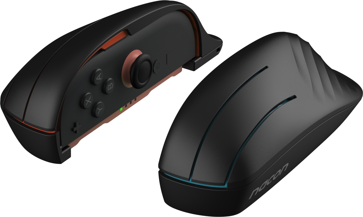 Zwei schwarze Controller mit orangen und blauen Akzenten auf weißem Hintergrund.