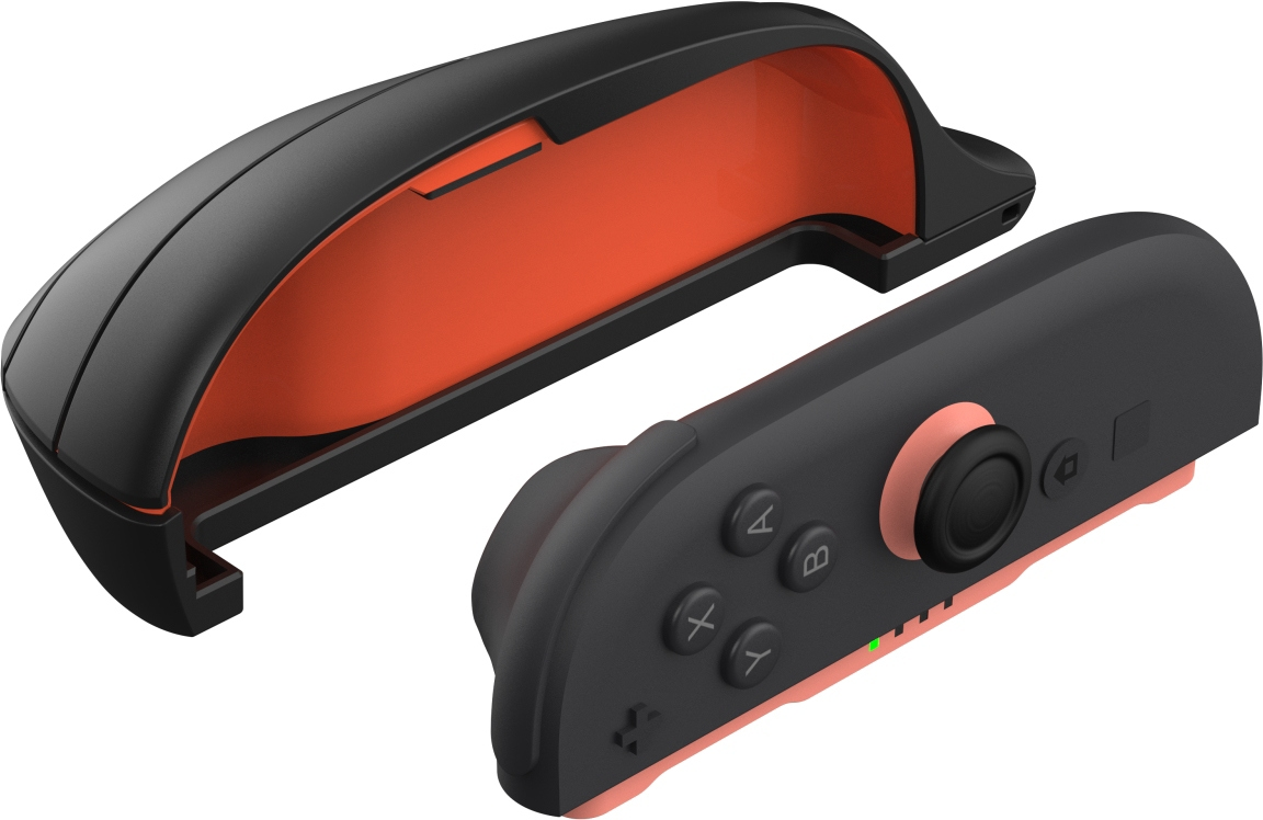 Schwarzer Controller mit orangefarbener Innenseite und separatem Griffstück.