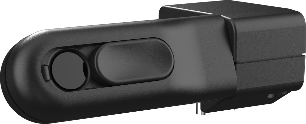 Clé USB noire avec deux lentilles rondes et un bouton ovale.
