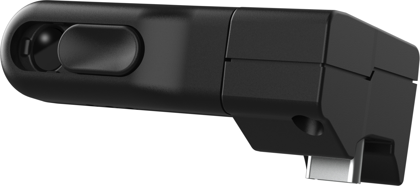 Appareil noir avec un bouton et un connecteur USB-C.