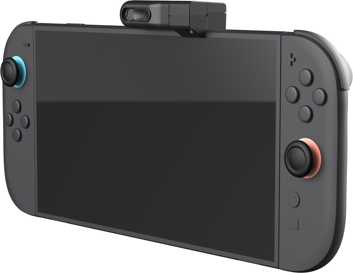 Manette de jeu portable grise avec écran noir et accessoire.