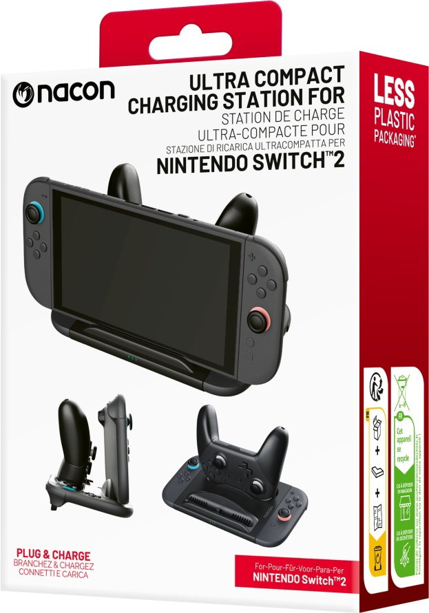 Station de charge Nacon pour Nintendo Switch avec deux manettes et indicateurs.