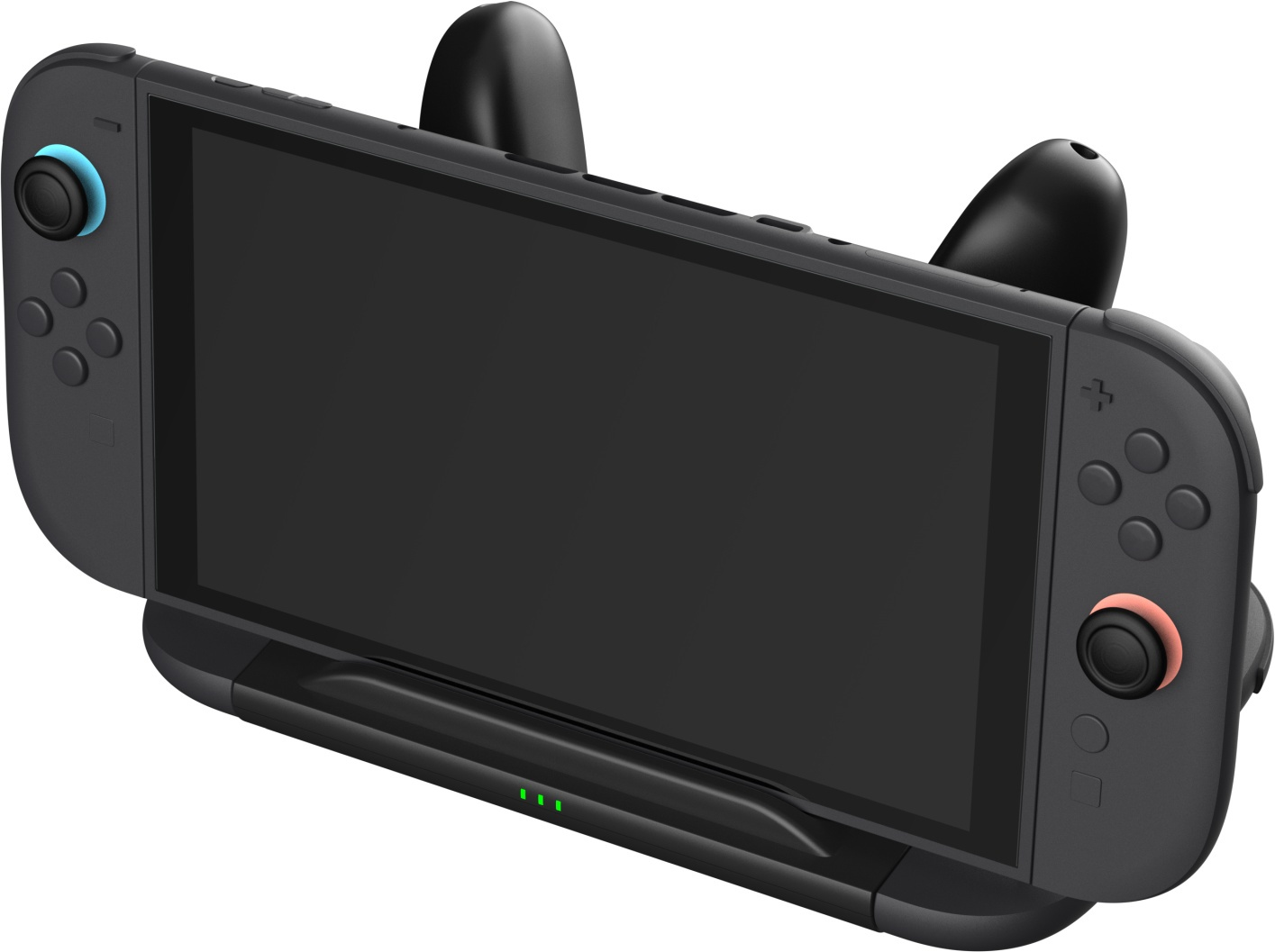 Une console Nintendo Switch noire avec Joy-Cons et poignées oreilles de chat.