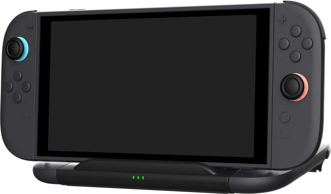 Console de jeu portable grise avec écran noir et poignées.