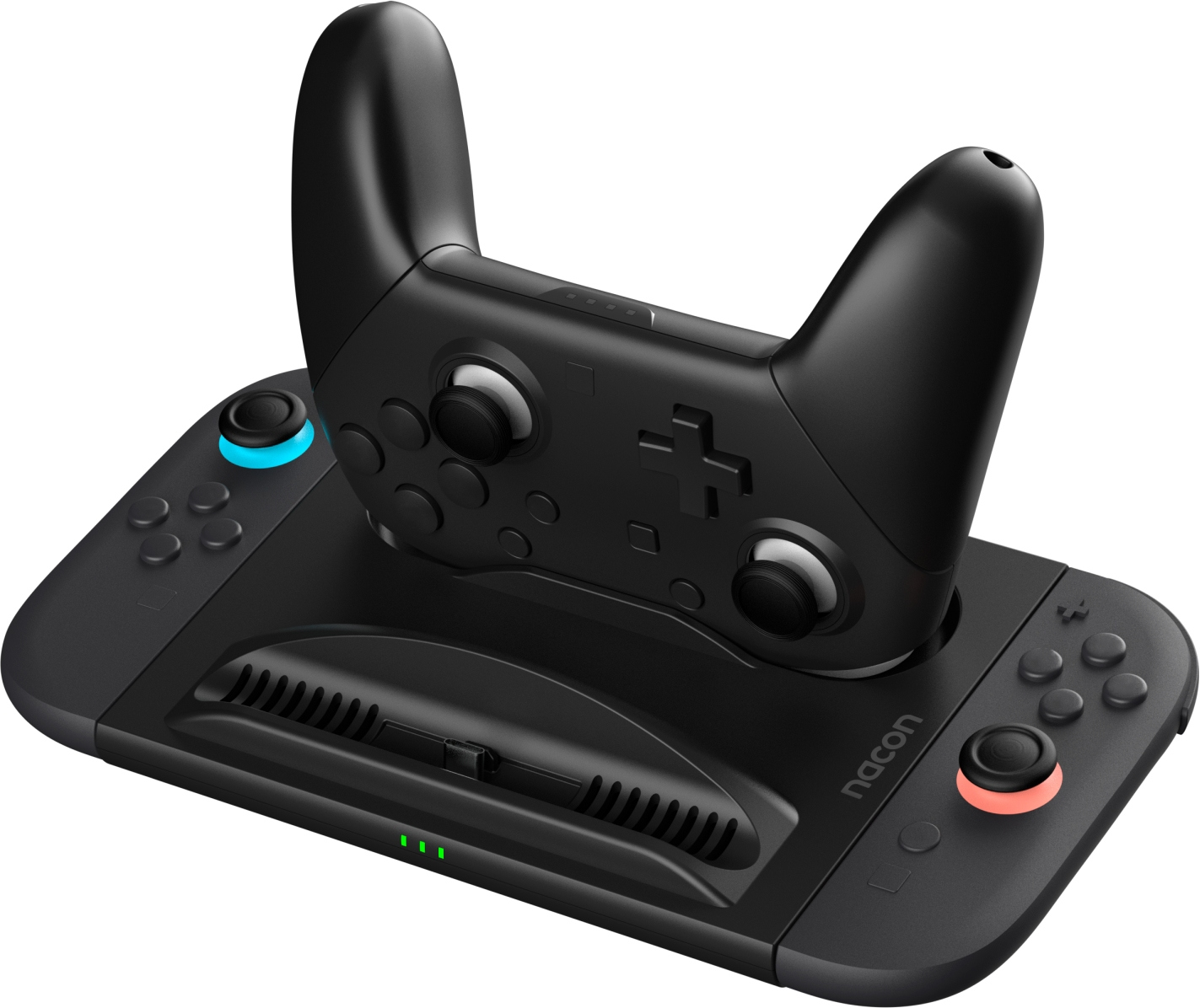 Une manette de jeu noire repose sur une station de charge avec des joysticks éclairés.