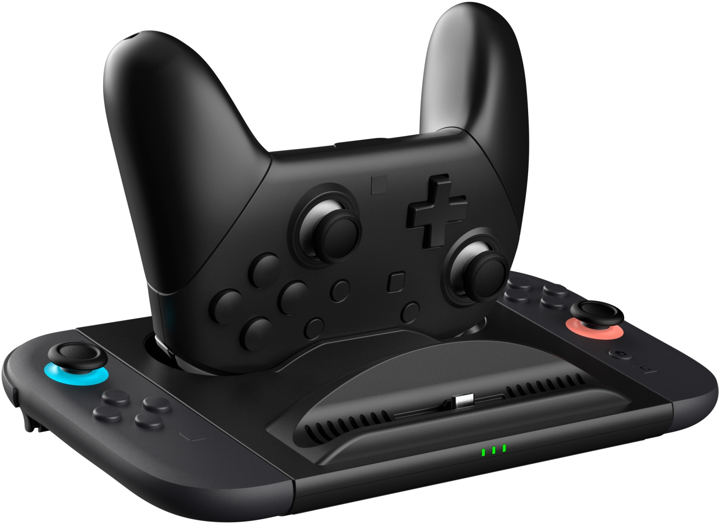 Manette de jeu noire avec station d'accueil, accents bleus et rouges.