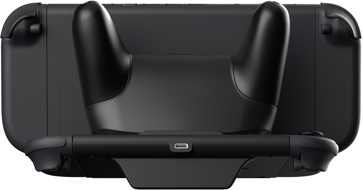 Console de jeu portable noire avec deux poignées et un port USB-C.