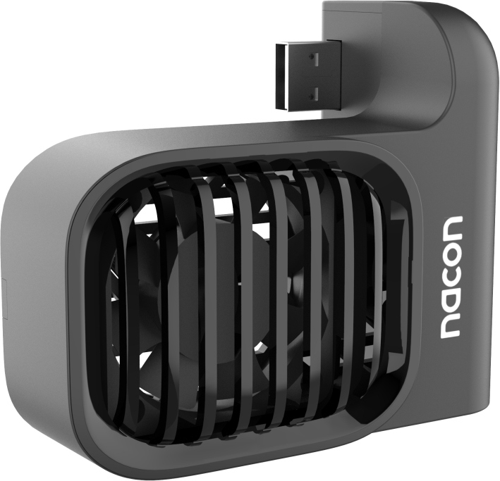 Un ventilateur USB Nacon noir avec grille et pales visibles.