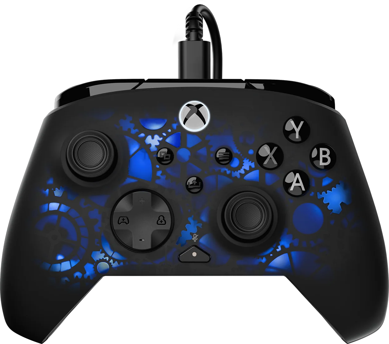 Schwarzer Xbox-Controller mit blauem Zahnraddesign und leuchtender Xbox-Taste.